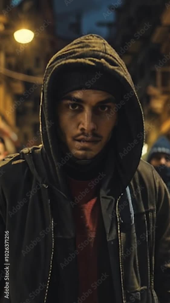 Young muslim men at night gathered in narrow street. Middle Eastern or North African ghetto. Urban youth culture. Potential social unrest or tension. Community dynamics and challenges depicted Young muslim men at night gathered in narrow street. Middle Eastern or North African ghetto. Urban youth culture. Potential social unrest or tension. Community dynamics and challenges depicted