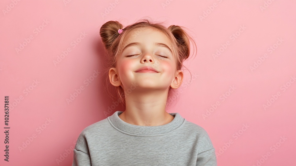 Happy Little Girl with bun hair ,Closed Eyes Smiling on Pink Background Happy Little Girl with bun hair ,Closed Eyes Smiling on Pink Background