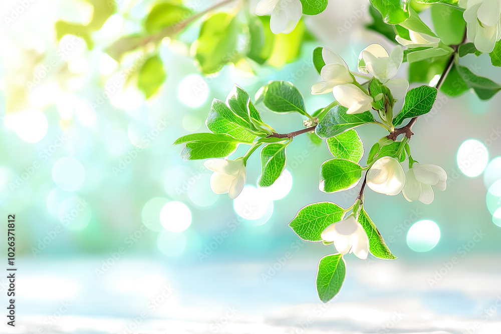 A graceful branch adorned with delicate white flowers and vibrant green leaves creates an enchanting atmosphere, inviting thoughts of tranquility and natural beauty A graceful branch adorned with delicate white flowers and vibrant green leaves creates an enchanting atmosphere, inviting thoughts of tranquility and natural beauty