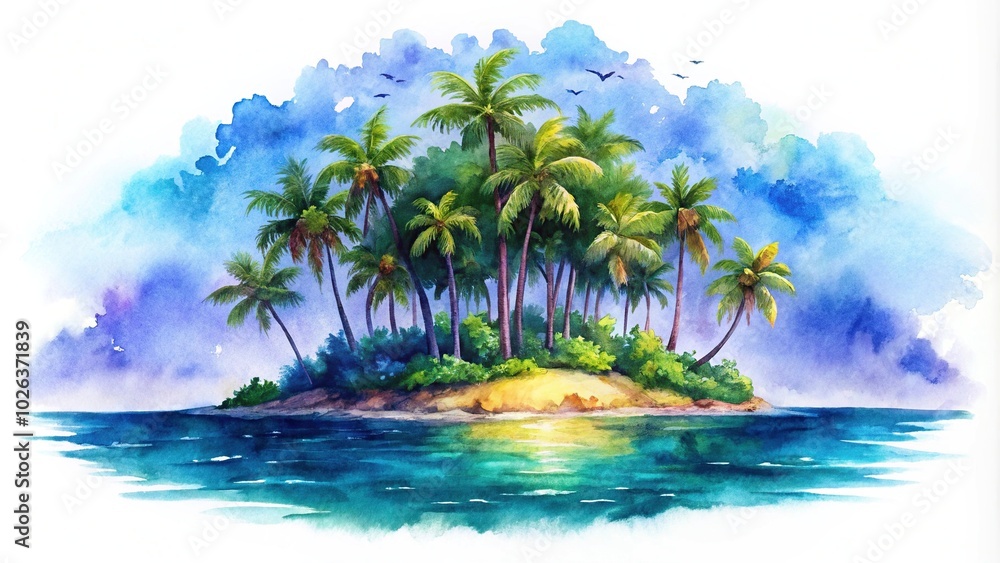 Fototapeta premium Night tropical island watercolor on white background forced perspective