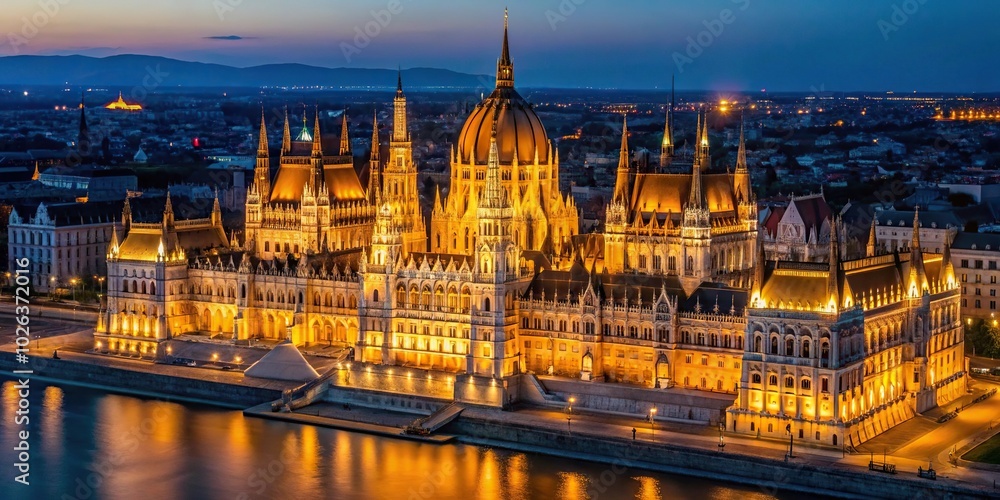 Naklejka premium Night view of Budapest Parliament building from aerial perspective