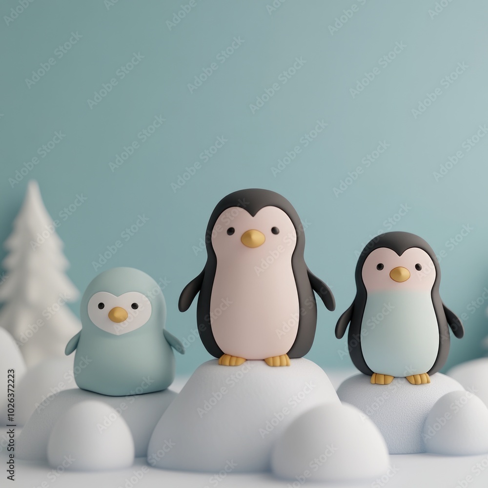 Fototapeta premium Three cartoon penguins on snowy hills with a soft background.