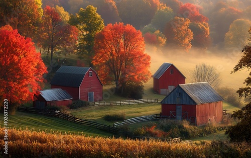 A serene autumn landscape featuring red barns surrounded by vibrant foliage and mist, evoking a peaceful rural setting.
