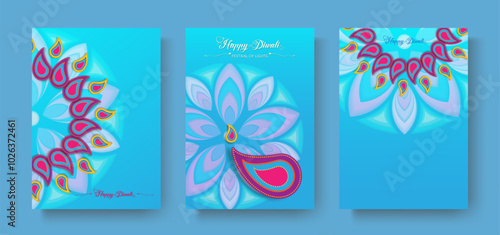Happy Diwali Festival of Lights India Celebration set colorful template. Vertical banner design of Indian Diya Oil Lamps, Gradient Design in blue color. Vector Indian art style, paper cut background