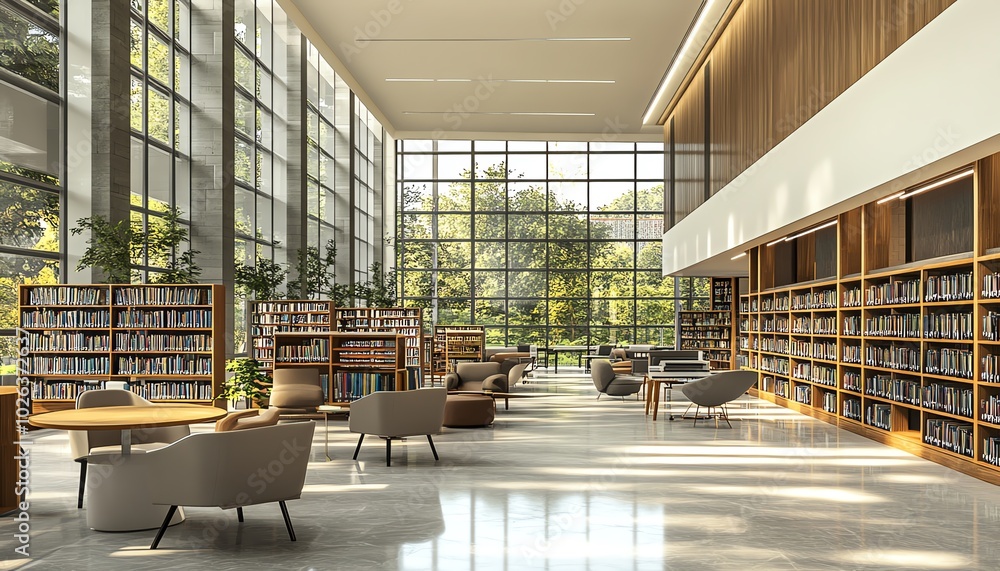 Hightech public library design, open layout with clean blank walls for customized art, modern workstations, and natural materials throughout, 3D rendering Hightech public library design, open layout with clean blank walls for customized art, modern workstations, and natural materials throughout, 3D rendering