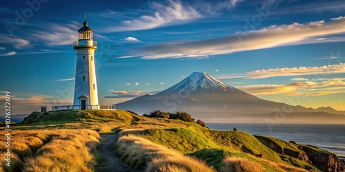 Silhouette of Cape Egmont Lighthouse with mountains in the background
