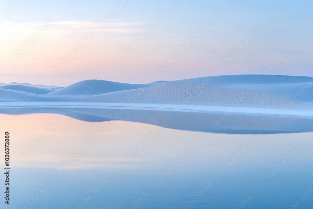 Sand dunes reflected in calm water at sunrise, creating a serene desert landscape with soft pastel colors and a minimalist composition Sand dunes reflected in calm water at sunrise, creating a serene desert landscape with soft pastel colors and a minimalist composition