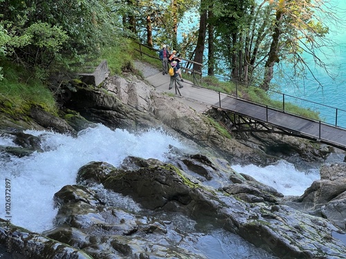 Giessbach Falls in the eponymous nature park and over Lake Brienz - Giessbachfälle (Giessbachfaelle) im gleichnamigen Naturpark und über dem Brienzersee-Canton of Bern, Switzerland (Schweiz) photo