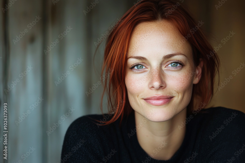 Captivating portrait of a woman with striking red hair and blue eyes in a cozy, wooden setting Captivating portrait of a woman with striking red hair and blue eyes in a cozy, wooden setting