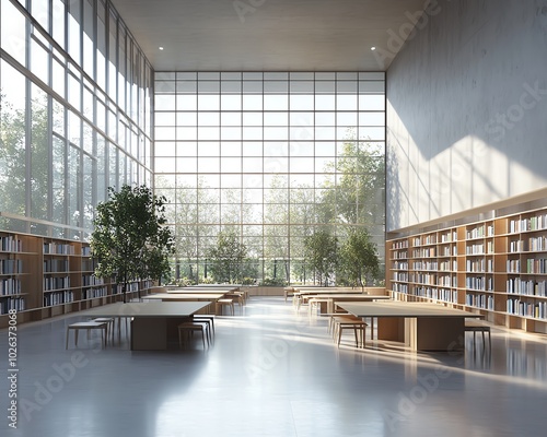 Minimalist public library with neutral color tones, blank wall space for community events or art, long study tables, and large ceilingtofloor windows, 3D rendering photo