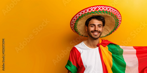 Mexican in traditional clothing holding the national flag against a yellow background celebrating Mexican Independence Day