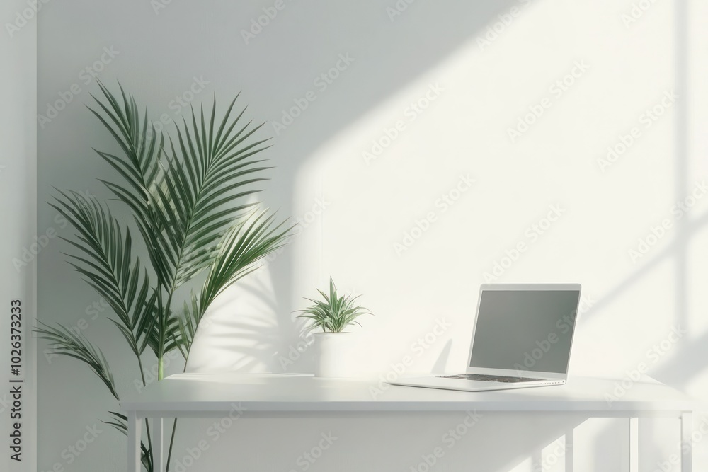 Modern Minimalist Workspace with Plants and Laptop Modern Minimalist Workspace with Plants and Laptop