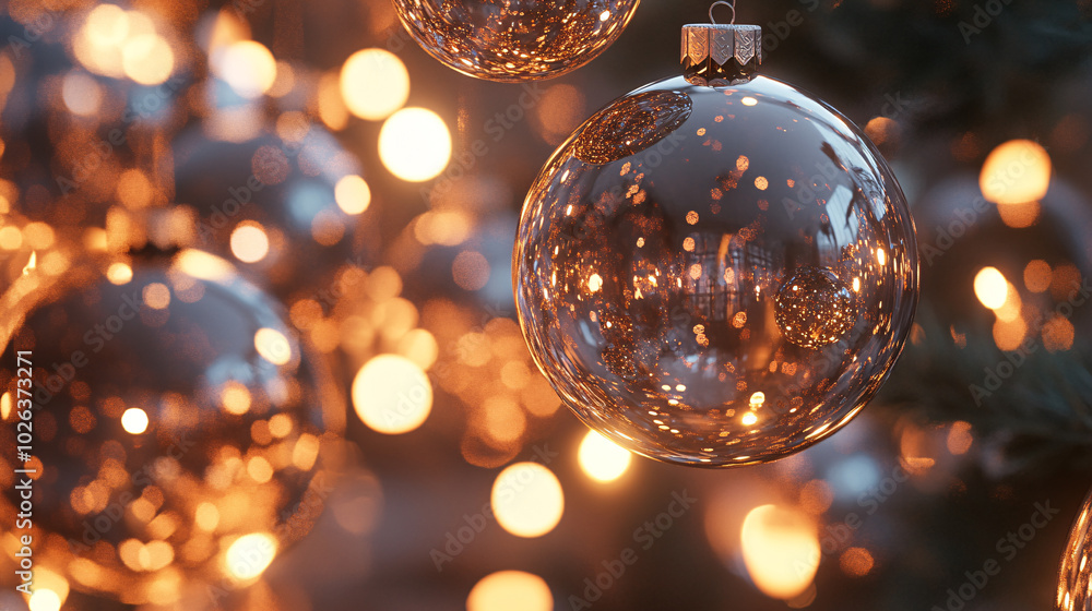 Close up of a Christmas Ornament with Golden Bokeh Lights Close up of a Christmas Ornament with Golden Bokeh Lights