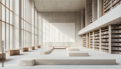 Minimalist public library with neutral color tones, blank wall space for community events or art, long study tables, and large ceilingtofloor windows, 3D rendering photo