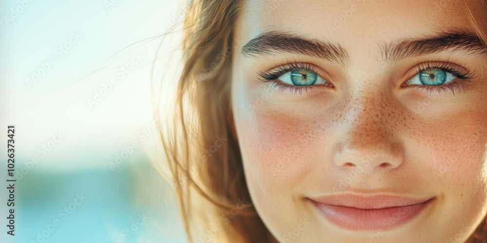 A girl with bright blue eyes and light brown hair smiles in the warm seaside sunlight A girl with bright blue eyes and light brown hair smiles in the warm seaside sunlight