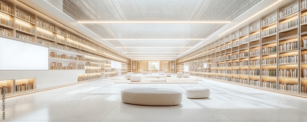 Modern public library featuring blank white wall sections for digital displays, cozy reading corners, geometric bookshelves, and LED lighting, 3D rendering Modern public library featuring blank white wall sections for digital displays, cozy reading corners, geometric bookshelves, and LED lighting, 3D rendering