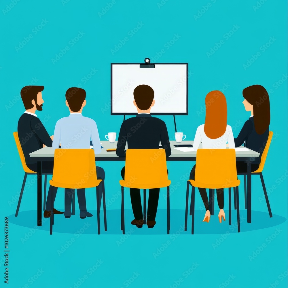 A group of professionals in a meeting with a presentation screen. A group of professionals in a meeting with a presentation screen.