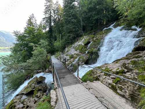 Giessbach Falls in the eponymous nature park and over Lake Brienz - Giessbachfälle (Giessbachfaelle) im gleichnamigen Naturpark und über dem Brienzersee-Canton of Bern, Switzerland (Schweiz) photo