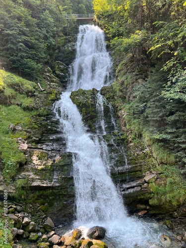 Giessbach Falls in the eponymous nature park and over Lake Brienz - Giessbachfälle (Giessbachfaelle) im gleichnamigen Naturpark und über dem Brienzersee-Canton of Bern, Switzerland (Schweiz) photo