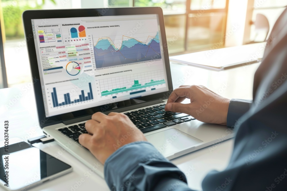 Businessman analyzing financial data on a laptop. Stock market and data analysis concept. Businessman analyzing financial data on a laptop. Stock market and data analysis concept.