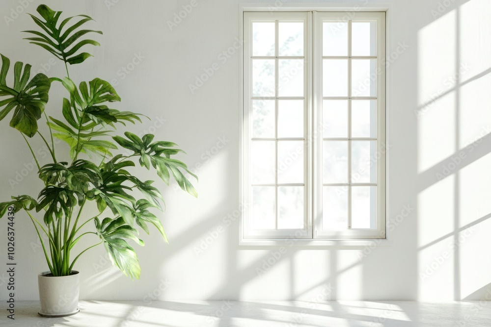 Bright Indoor Space with Green Plant and Window Light Bright Indoor Space with Green Plant and Window Light