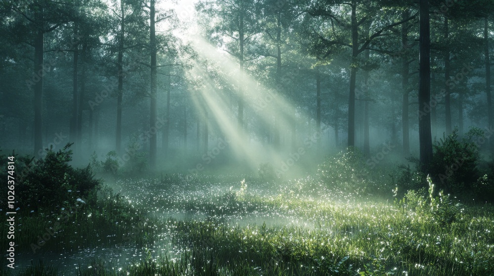 Sunbeams Illuminating a Misty Forest Clearing Sunbeams Illuminating a Misty Forest Clearing