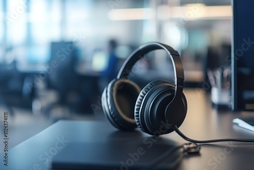 Black Headphones on Desk in Modern Office Setting