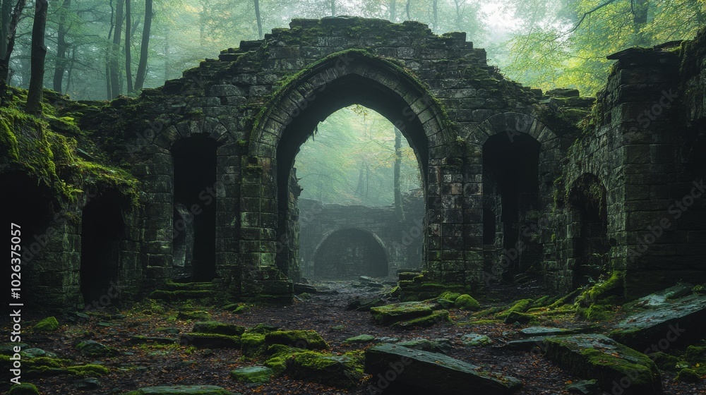 Moss-Covered Stone Archway in a Foggy Forest Moss-Covered Stone Archway in a Foggy Forest
