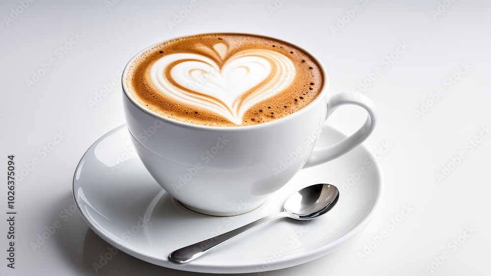 A latte art heart design in a white cup on a saucer with a spoon. A latte art heart design in a white cup on a saucer with a spoon.
