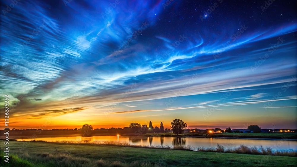 Noctilucent clouds glowing above Dutch countryside during twilight Noctilucent clouds glowing above Dutch countryside during twilight