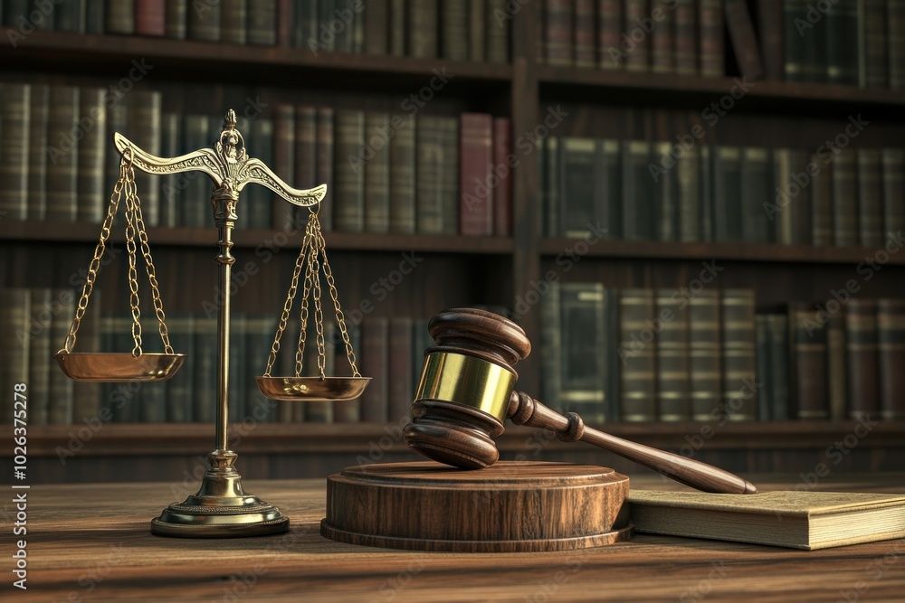 Legal Scale and Gavel on Wooden Table in Library Legal Scale and Gavel on Wooden Table in Library