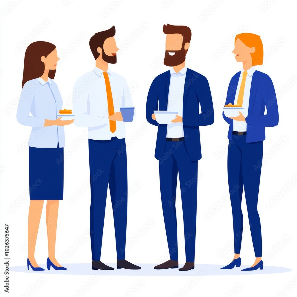 Four professionals engaging in conversation with food and drinks. Four professionals engaging in conversation with food and drinks.