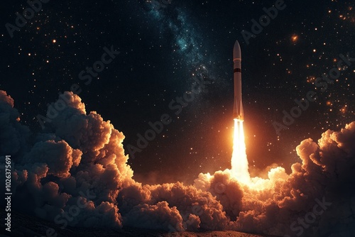 Rocket Launch in Cosmic Space at Night