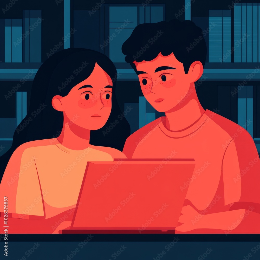 Two individuals focused on a laptop in a cozy library setting.