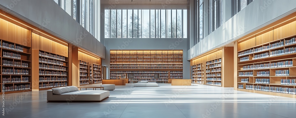 Library Open Image Contemporary public library interior with an open gallery area, empty ...