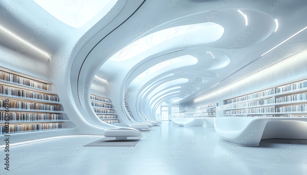 Futuristic public library interior design, clean blank wall space for signage, ergonomic study tables, and hightech lighting fixtures, 3D rendering Futuristic public library interior design, clean blank wall space for signage, ergonomic study tables, and hightech lighting fixtures, 3D rendering
