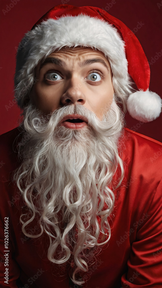 Portrait of a fancy Santa Claus in a Christmas red hat with a surprised face.Modern concept for Christmas and New Year celebration Portrait of a fancy Santa Claus in a Christmas red hat with a surprised face.Modern concept for Christmas and New Year celebration