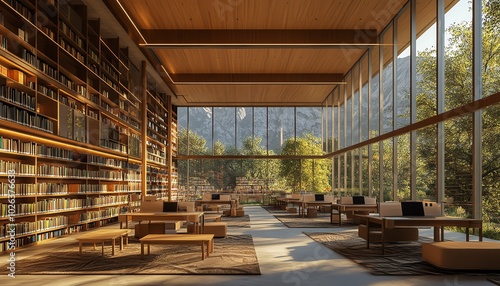 Wallpaper Mural Hightech public library design, open layout with clean blank walls for customized art, modern workstations, and natural materials throughout, 3D rendering Torontodigital.ca