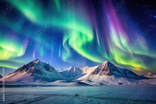 Northern lights shining brightly above snow-covered mountains