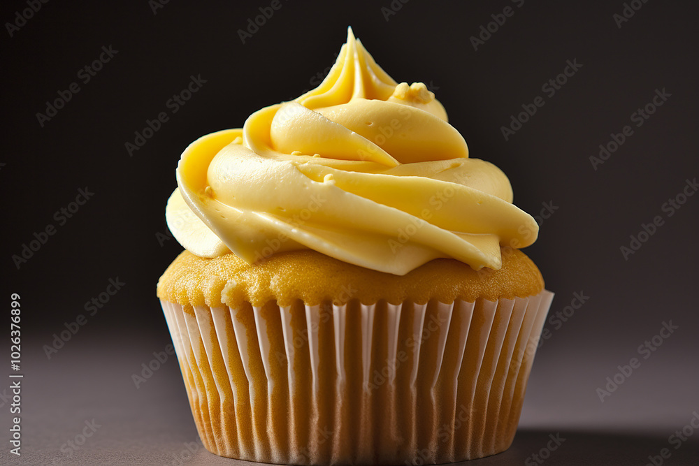 A cupcake with a yellow frosting A cupcake with a yellow frosting
