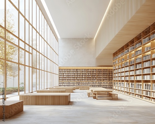 Minimalist public library with neutral color tones, blank wall space for community events or art, long study tables, and large ceilingtofloor windows, 3D rendering photo