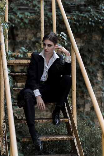 Portrait of stylish and attractive Caucasian young brunette woman in a suit, posing on the street sitting on iron stairs. Beauty, fashion, style. Well-dressed model.