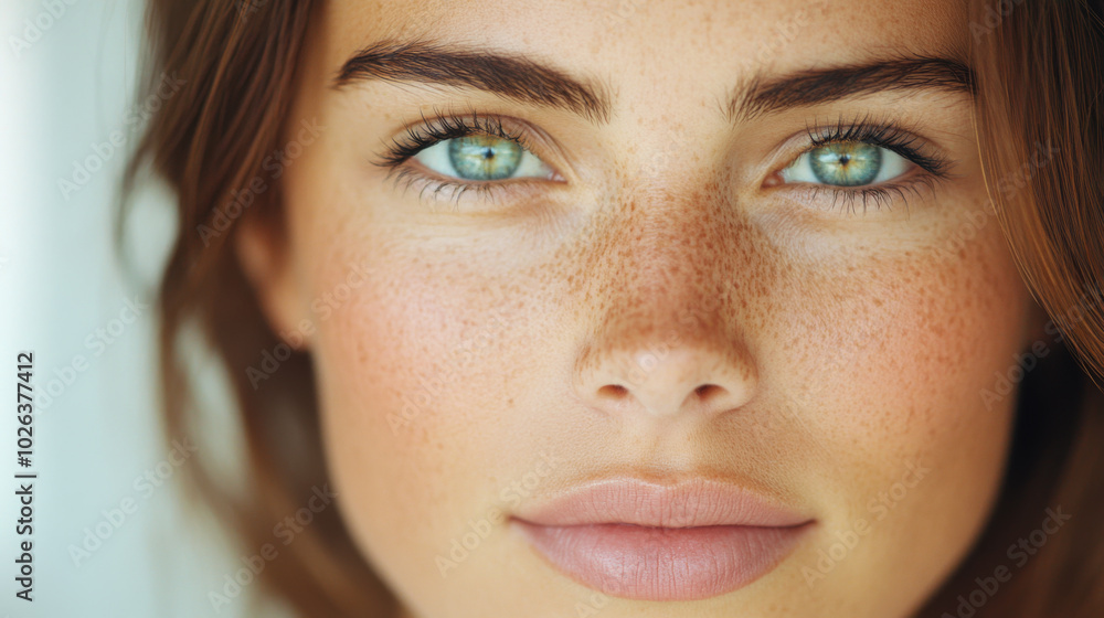 Close-up portrait of a young woman with freckles and striking blue-green eyes in natural light Close-up portrait of a young woman with freckles and striking blue-green eyes in natural light