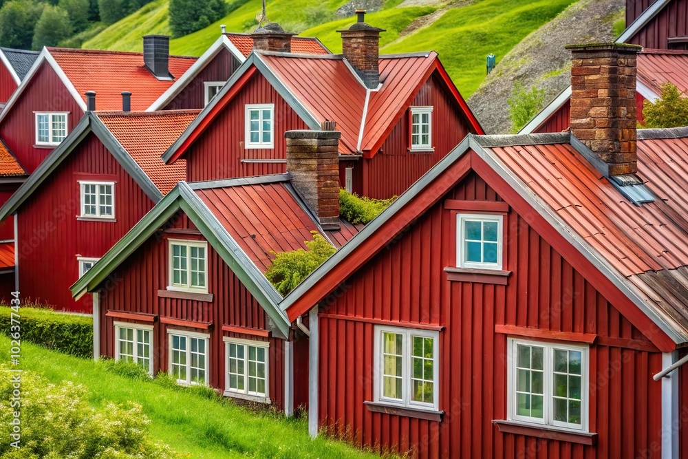 Norwegian style red houses with pointed roofs and verandas surrounded by green grass and tree branches Norwegian style red houses with pointed roofs and verandas surrounded by green grass and tree branches