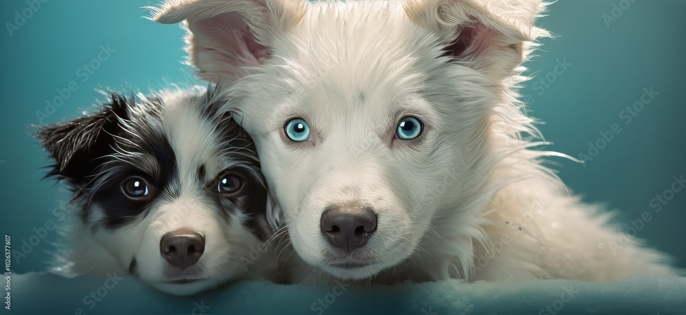 Two puppies sit closely, showcasing their unique features Two puppies sit closely, showcasing their unique features