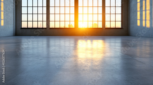 Sunrise illuminating an empty room with large windows in an urban setting