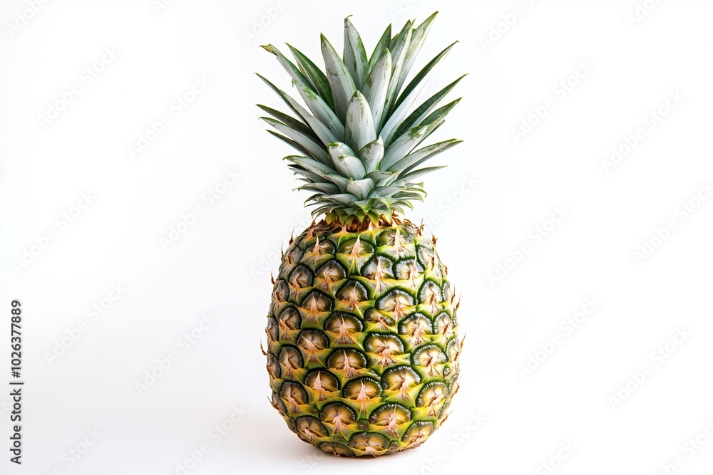 Fresh, vibrant pineapple on a white background, showcasing its unique texture and tropical appeal, perfect for culinary themes. Fresh, vibrant pineapple on a white background, showcasing its unique texture and tropical appeal, perfect for culinary themes.