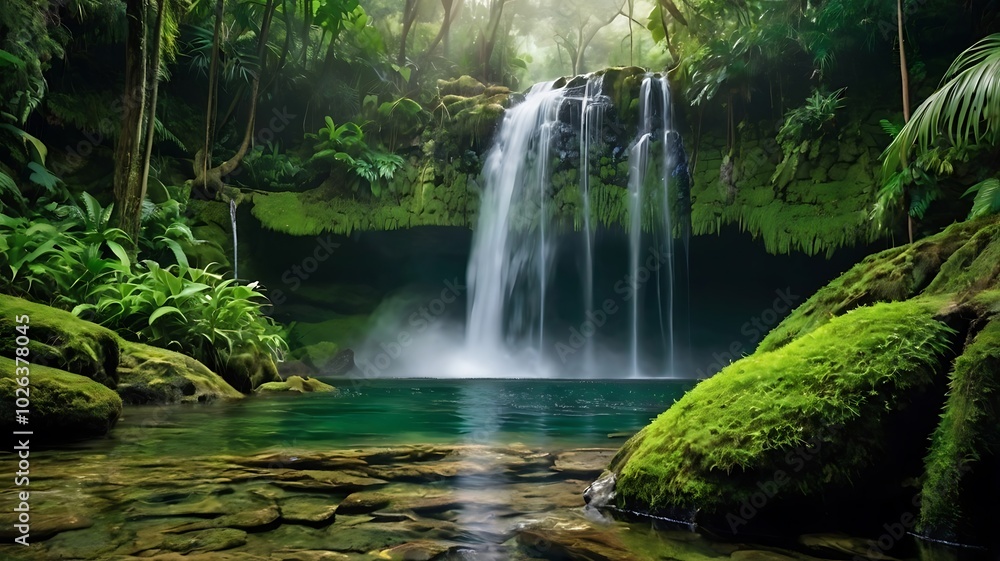 waterfall cascading down moss-covered rocks into a crystal-clear pool surrounded by lush, vibrant green jungle, with mist rising in the air and soft sunlight piercing through the canopy above. waterfall cascading down moss-covered rocks into a crystal-clear pool surrounded by lush, vibrant green jungle, with mist rising in the air and soft sunlight piercing through the canopy above.