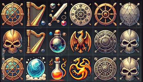 Wallpaper Mural Golden Icons with Swords Dragons Shields and Magic Potions Torontodigital.ca