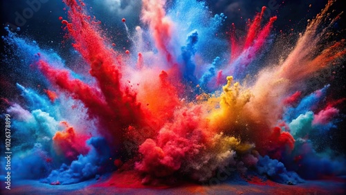 Colorful red, navy blue, white holi paint splash color powder explosion with depth of field